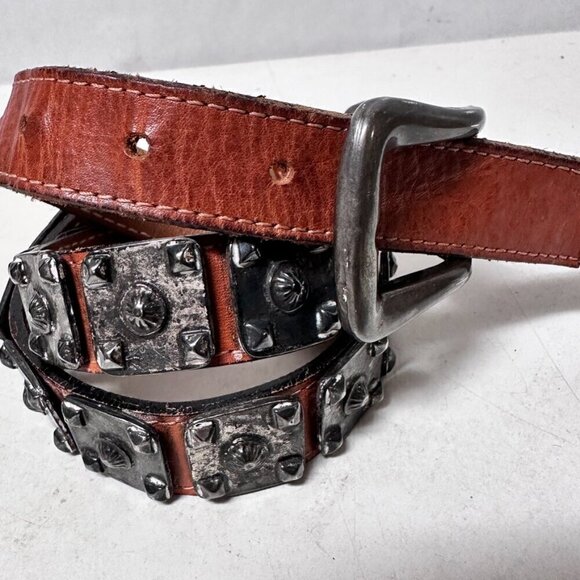 Black Leather Studded Belt Metal Size Small Waist 23-28" Repoussé Punk Rock VTG - Picture 1 of 7